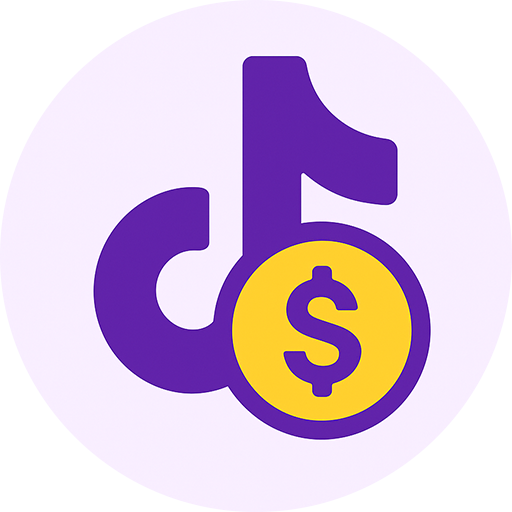 Logo bergaya digital dengan ikon TikTok berwarna ungu dan koin emas, mewakili konsep menghasilkan uang lewat TikTok tanpa modal.